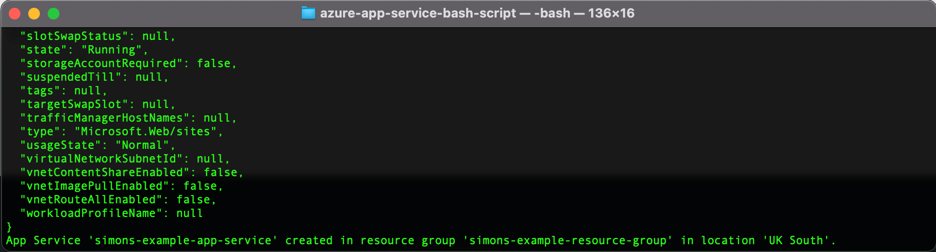 Azure-CLI App Service Bash Script Result